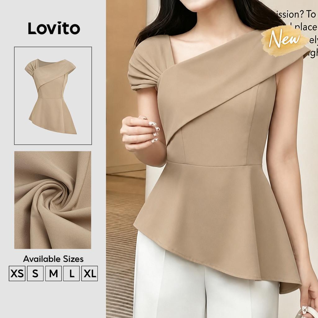 (New Arrival) Lovito เสื้อเบลาส์ผู้หญิงหรูหรา ชายไม่เท่ากัน ระบายขอบ สไตล์สปริง/ซัมเมอร์ สีกากี BLB202P2D593