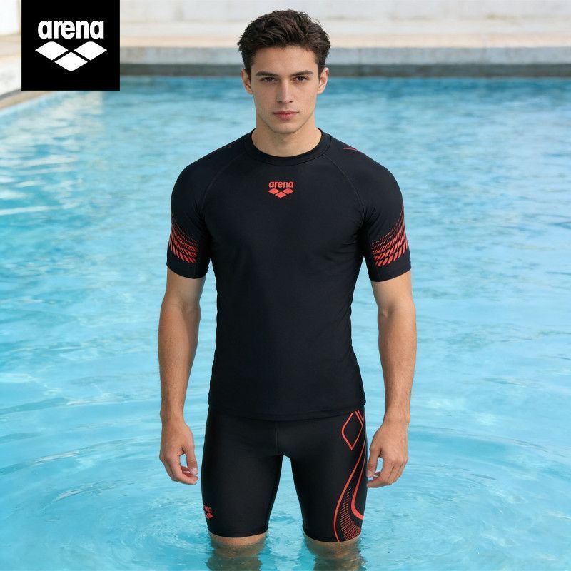 Arena Arena Arena Mens Split Short-Sleeved Top Quick-Drying สีดําพิมพ์ชุดว่ายน้ํา