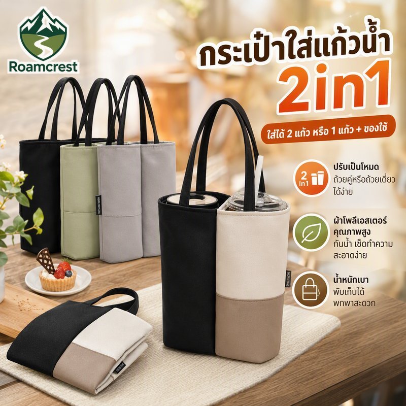 กระเป๋าใส่แก้วน้ํา 2ใน1 Convertible Single Double Mode กันน้ําโพลีเอสเตอร์พับได้น้ําหนักเบา