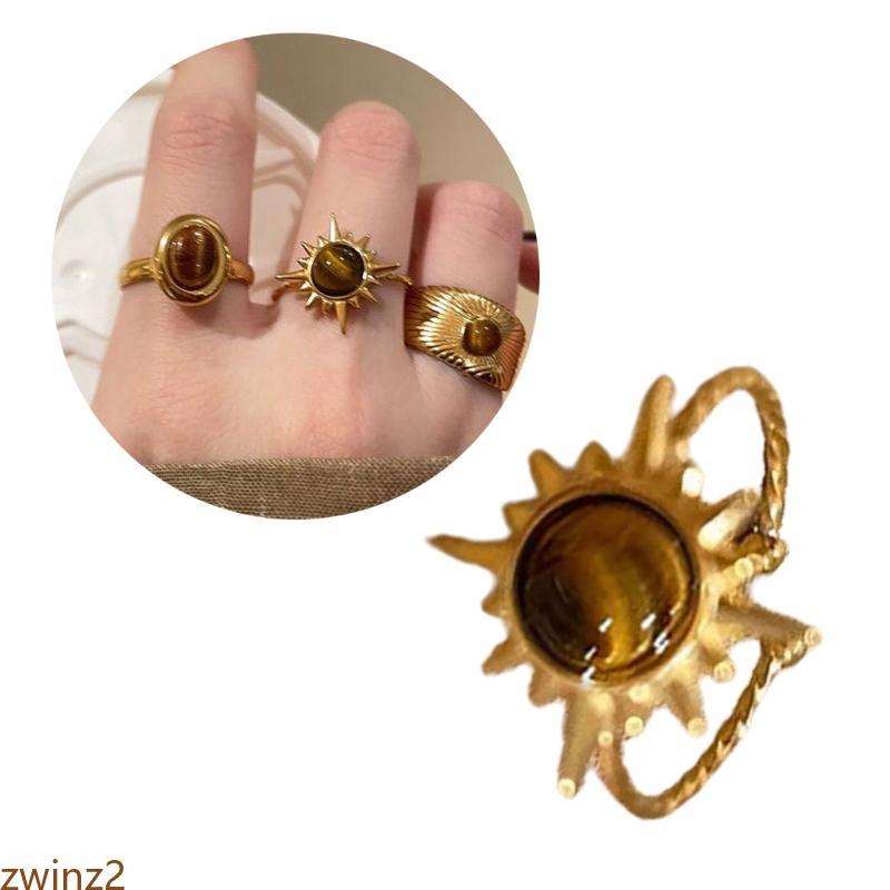 Zwinz2 แหวนเรขาคณิตที่มีความซับซ้อนพร้อม Tigers Eye Stone เครื่องประดับปาร์ตี้แฟชั่น