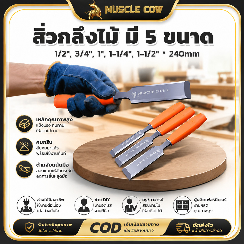 MUSCLE COW ไฟเบอร์ จับถนัดมือ ด้ามไม่ลื่น สิ่วแกะสลักไม้ ขนาดต่างๆ สิ่วงานไม้ สิ่วงานไม้