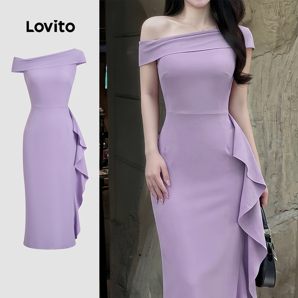 Lovito เดรสสไตล์หรู ซิปดีไซน์ไม่สมมาตร ต้อนรับงานแต่ง/รับปริญญา ฤดูใบไม้ผลิ/ร้อน สีม่วง สำหรับผู้หญิง LK5ED510