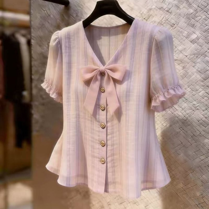 French Niche Temperament Puff Sleeve Shirt Color Bow Laced-Up Design Top Super Beautiful Fashion Fee