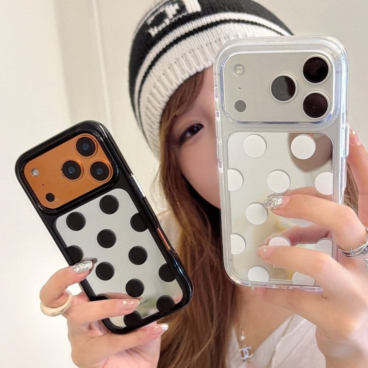 Ins เกาหลี Ins สไตล์สีดําและสีขาว Big Wave Dot รูปแบบ IMD เคสโทรศัพท์สําหรับ iPhone 17 Pro Max 16 15 14 13 ป้องกันปกหลังสําหรับ iPhone พร้อมโซ่น่ารัก