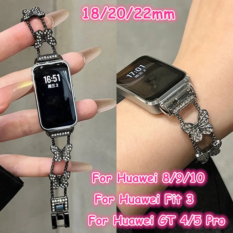SAMSUNG 18 20 22 มม.Bling ผีเสื้อเพชรสายโลหะสําหรับ Huawei Band 8 9 10 11 11Pro Fit3/4/5Pro Huawei G