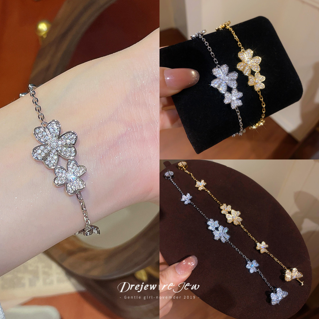 เดรช สองดอกไม้เต็ม พลอยเทียม สร้อยข้อมือปรับโซ่สร้อยข้อมือแฟชั่นสไตล์ทุกวันสําหรับผู้หญิงสวมใส่ทุกวัน