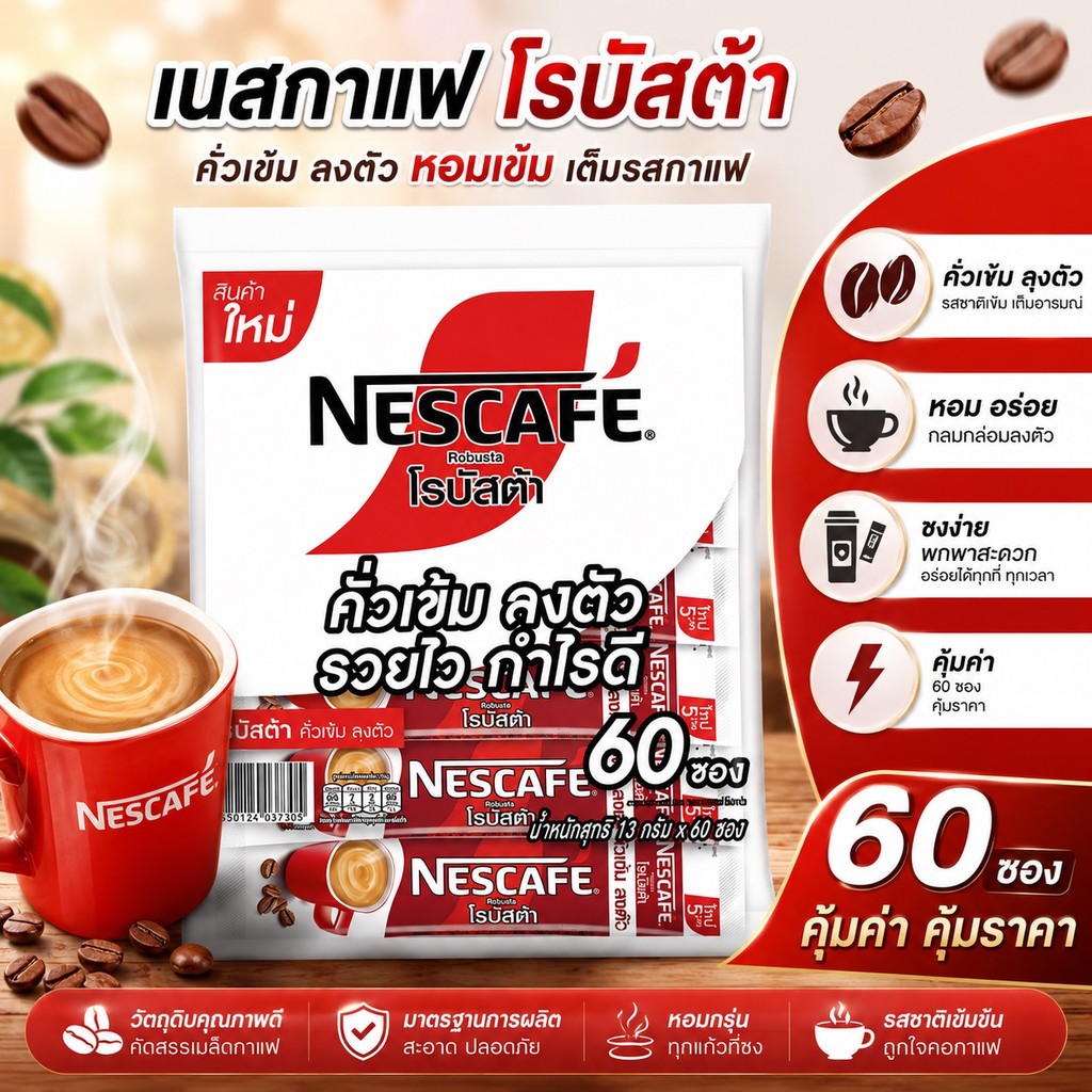 Nescafe Robusta เนสกาแฟ 3in1 โรบัสต้า แพ็ค60ซอง