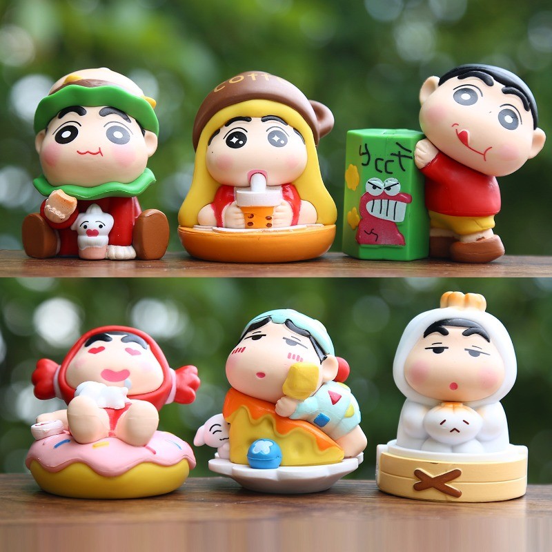 6 ชิ้น/เซ็ตใหม่ร้อนอะนิเมะ Shin-chan รุ่น Q รูปตุ๊กตา Nohara Shinnosuke Gourmet Series Hamburg PVC Action Figurines เดสก์ท็อปตกแต่งของเล่น
