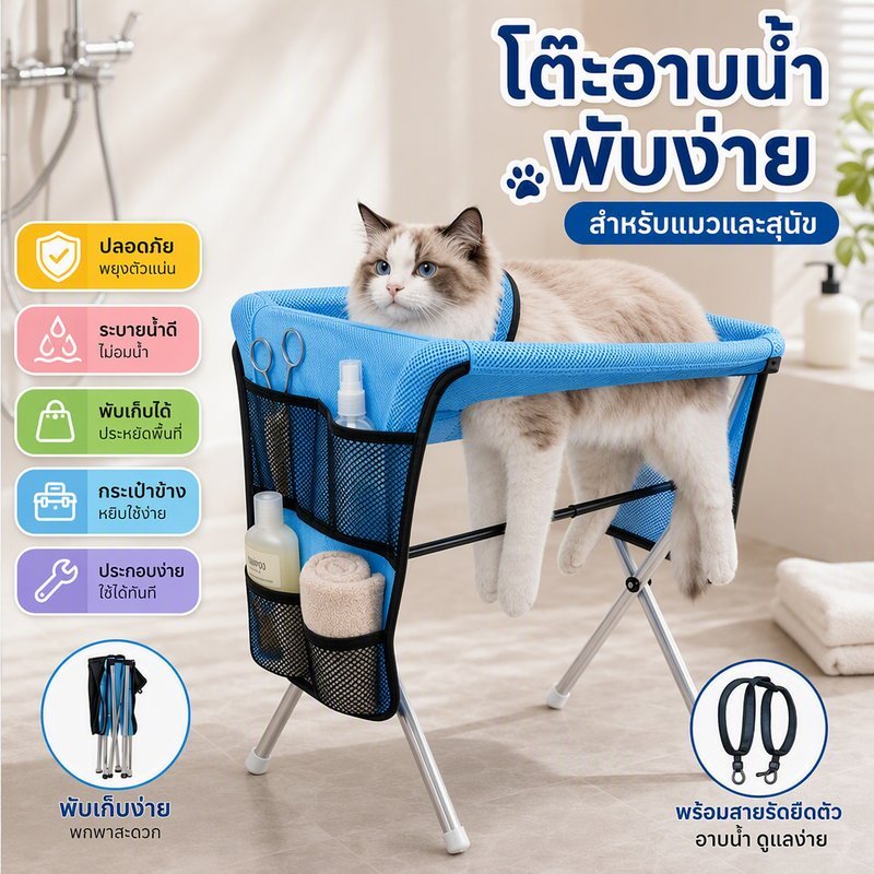 เตียงแขวนอาบน้ำสัตว์เลี้ยง โต๊ะกรูมมิ่งพับได้ สำหรับแมวสุนัข ตัดเล็บ เช็ดตัว ผ้าตาข่ายระบายน้ำเร็ว