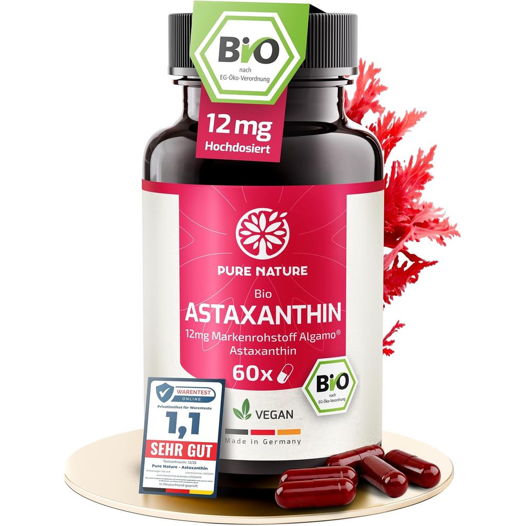 Pure Nature Astaxanthin hocisert BIO 12mg - 120 วีแกน คาพเซลน์ EU-BIO zertifiziert & nancyprüft - Pr
