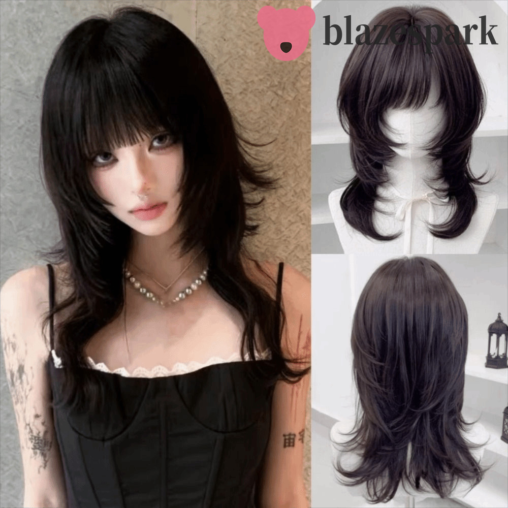 BLAZESPARK แมงกะพรุนวิกผม Bangs, สังเคราะห์ธรรมชาติขนาดกลางตรง Layered วิกผม, น่ารัก Hairpiece Wolf 