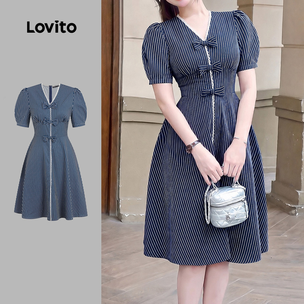 (New Arrival) Lovito เดรสลําลองฤดูใบไม้ผลิ/ฤดูร้อน เดรสสีน้ําเงินกรมท่าสําหรับผู้หญิง LK7ED606