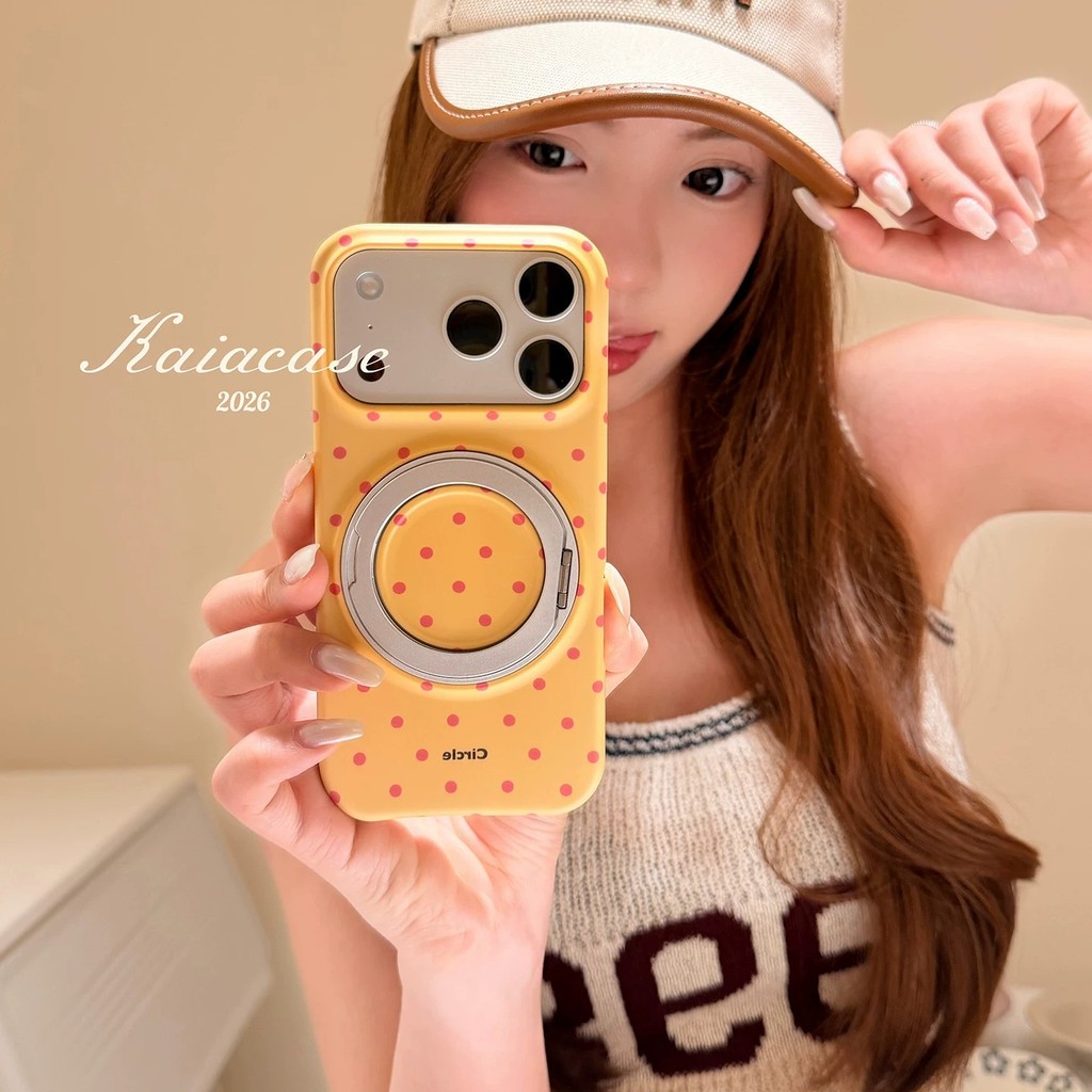 QUMI QUMI QUMI ด้านล่างสีเหลือง Polka Dot Powder 360 หมุนวงเล็บเหมาะสําหรับ Apple 18promax เคสโทรศัพ