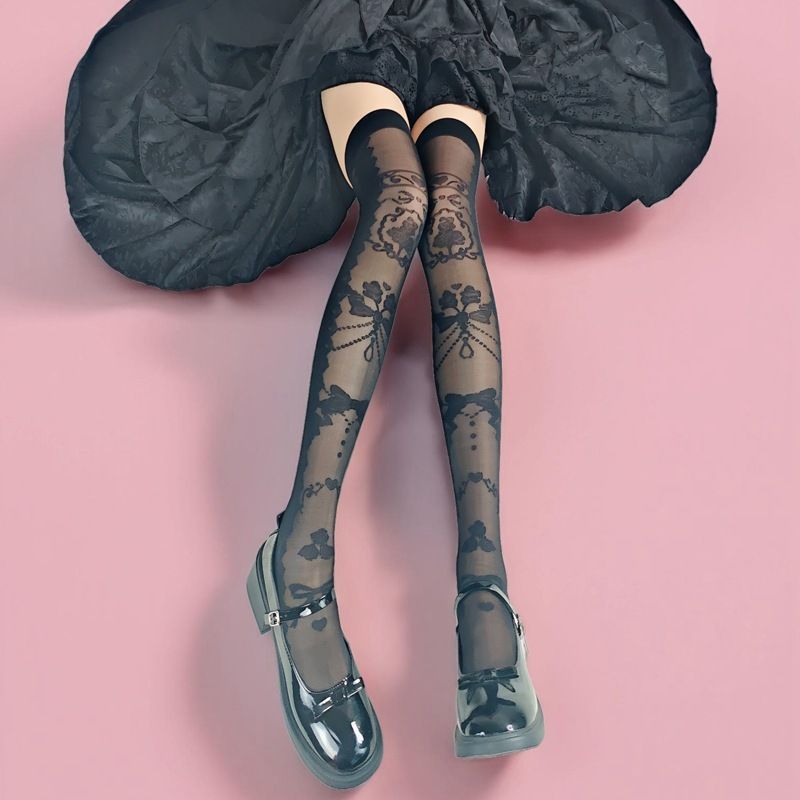{ดอกไม้รักผีเสื้อ} Lolita Jacquard Lolita High Tube Over Knee Black Socks Summer JK Japanese White S