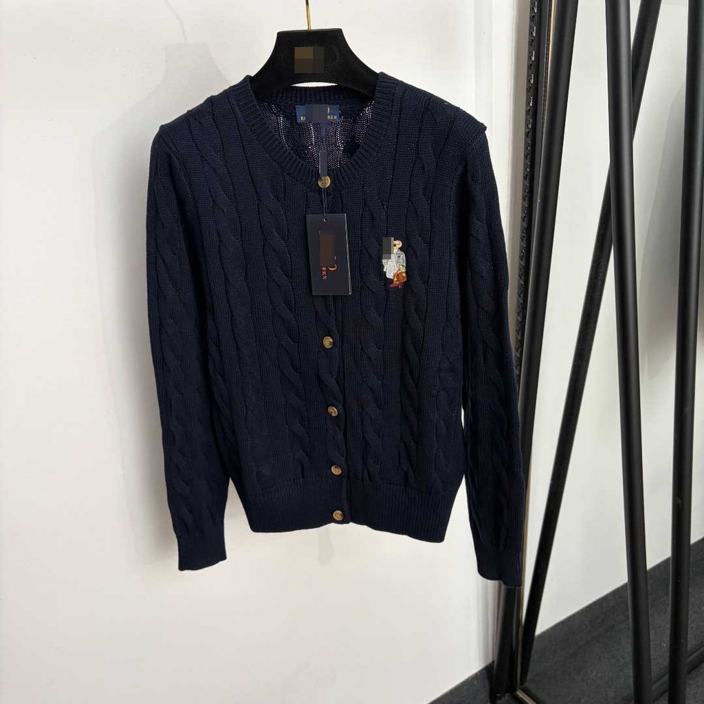 R RLL Temperament Slim-fit กระเป๋าถือแว่นตาสไตล์ใหม่หมีปัก Twist แขนยาวรอบคอถักเสื้อสเวตเตอร์ถัก
