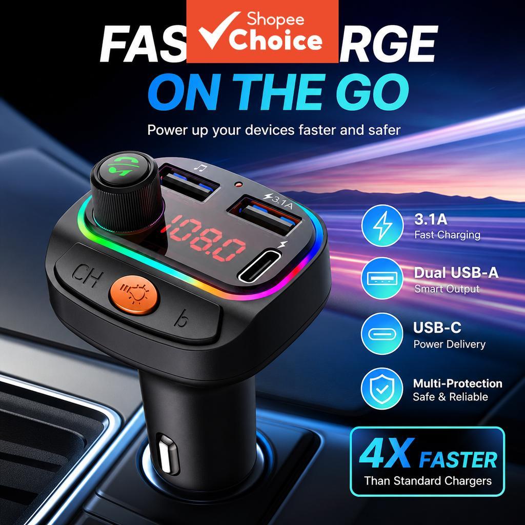 BLUETOOTH 5.0 เครื่องส่งสัญญาณ Fm แฮนด์ฟรีในรถยนต์ USB Charger 22.5w Quick Charge 3.0 Type-c Fm Modu