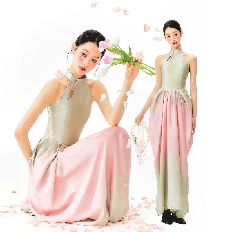Pink Green Gradient Tulip Bud Halter Dress Early Summer Wear Sleeve Skirt