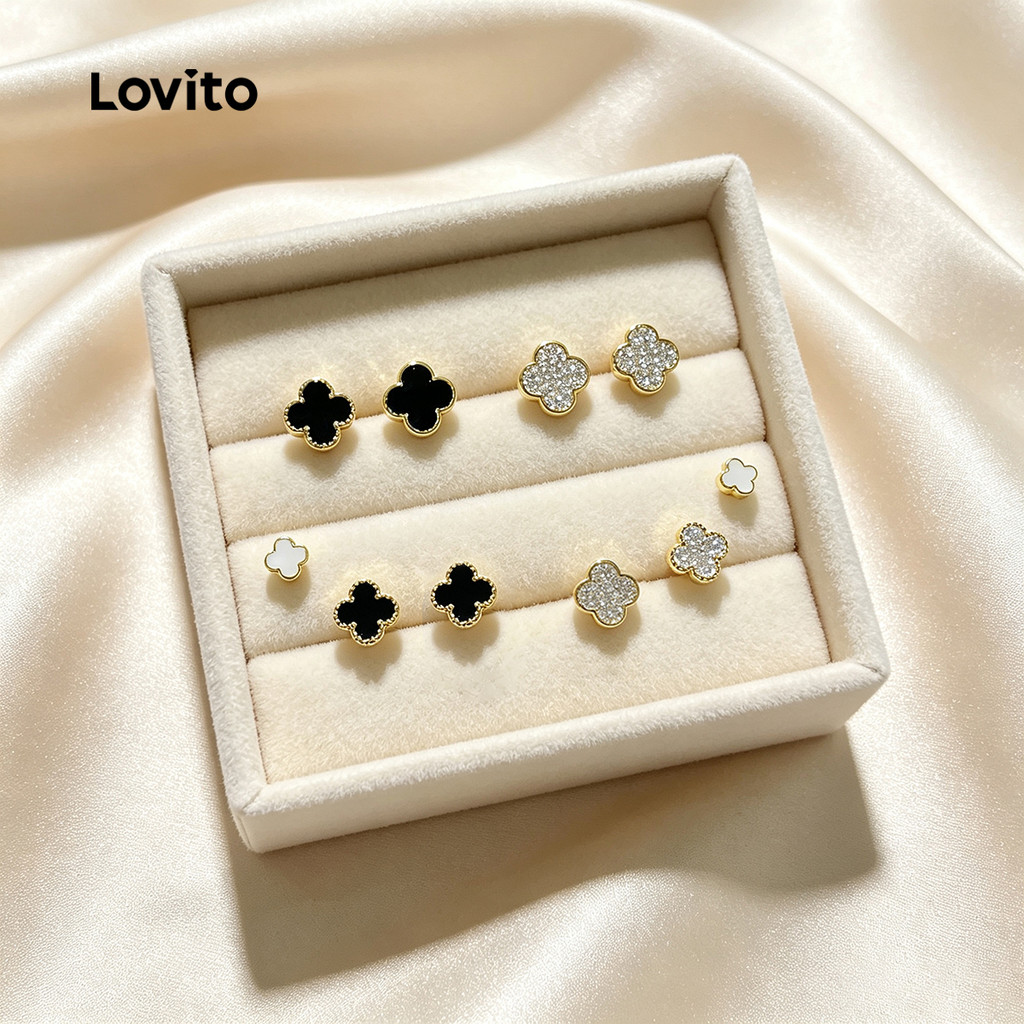 (New Arrival) Lovito ต่างหูหรูหรา สไตล์เกาหลี ต่างหูแบบมีลวดลาย ERFB123FX007