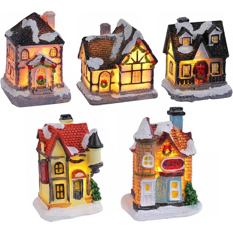 4 ชิ้น Lighted คริสต์มาส Village Houses ชุดแบตเตอรี่ดําเนินการเรซิ่น Christmas House พร้อมไฟ LED Vil