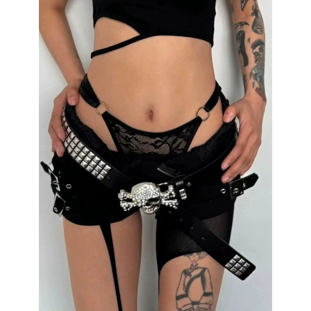 Ins Niche y2k Asian Culture Gothic Punk Rock Skull Diamond Square Bead Couple Belt
