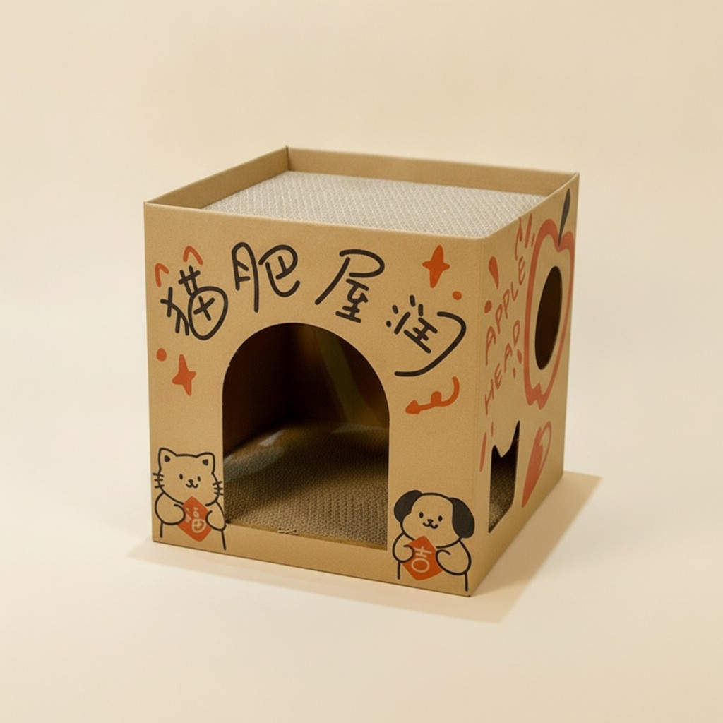 Cube-Shaped Cardboard Cat House Compact กระดาษลูกฟูก Cat Scratcher House Cozy รีไซเคิล