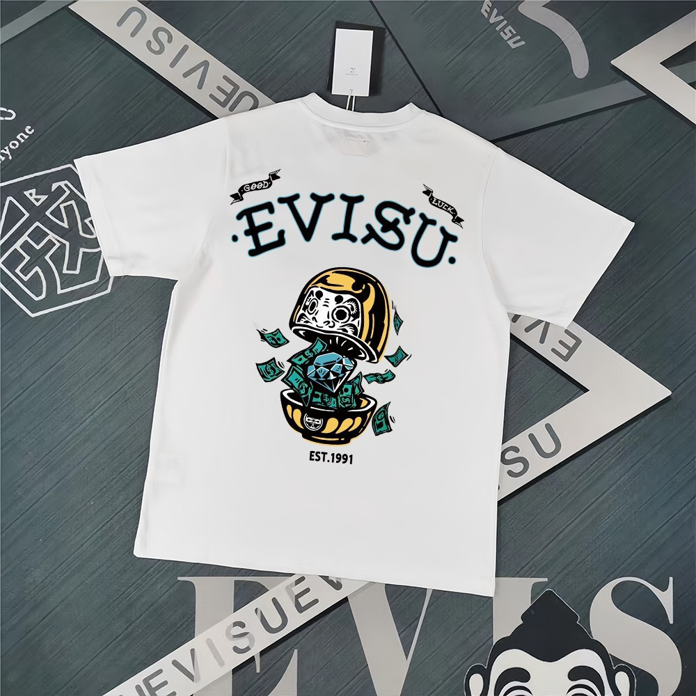 EVISU/God of Fortune/2026 เสื้อยืดแขนสั้นคอกลมสไตล์คู่ผู้ชายสไตล์ใหม่หลวมขนาดใหญ่สบาย Breathable หรู