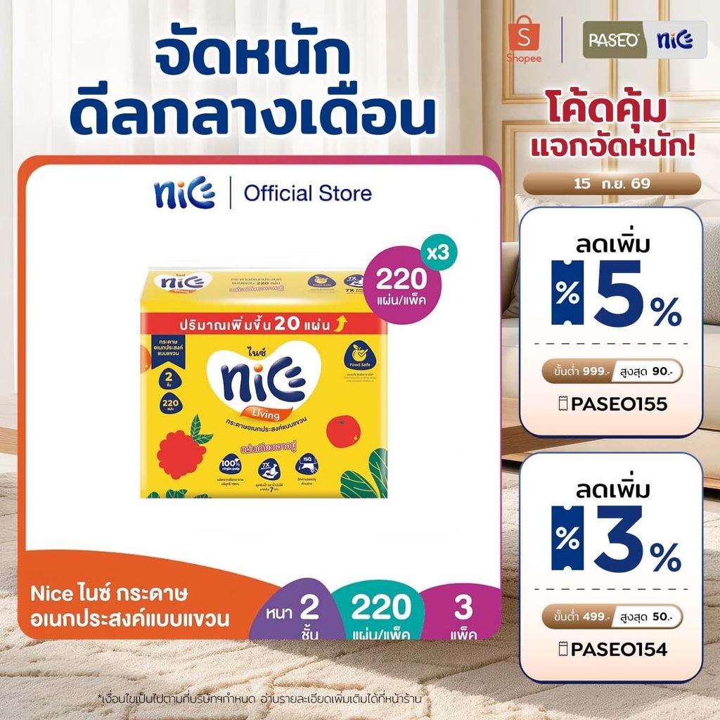 (3 แพ็ค) Nice ไนซ์ กระดาษอเนกประสงค์แบบแขวน หนา 2 ชั้น 220 แผ่น (ทิชชู่ กระดาษทิชชู่) x 3