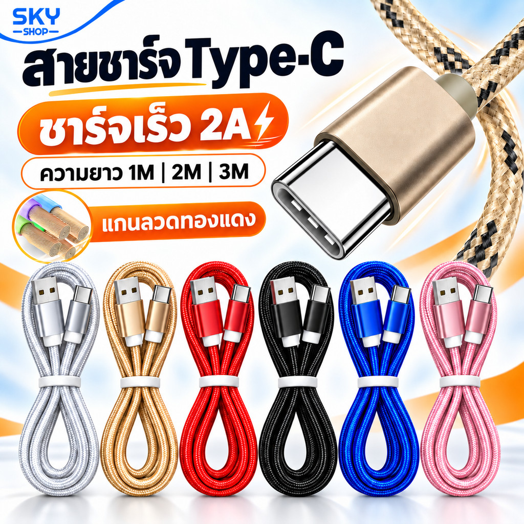 SKY สายชาร์จ Type C 1M 2M 3M แบบผ้า SamSung HuaWei Type C Charge Cable