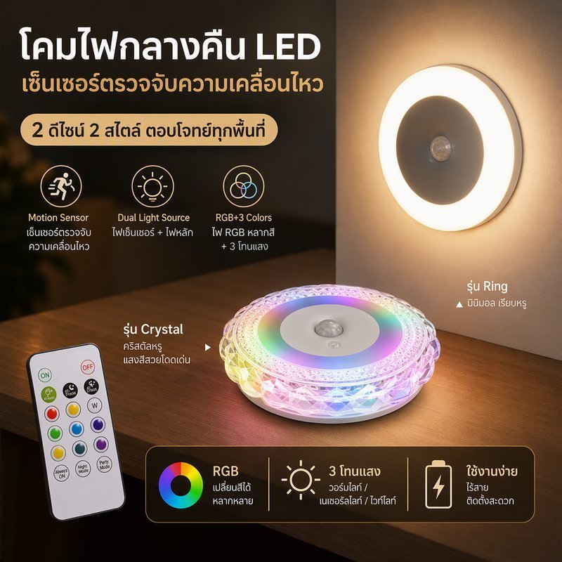 โคมไฟกลางคืน LED เซ็นเซอร์เคลื่อนไหว สีรุ้งสดใส เปลี่ยนสี ชาร์จ USB ไร้สาย เปิดปิดอัตโนมัติ ไฟทางเดิน