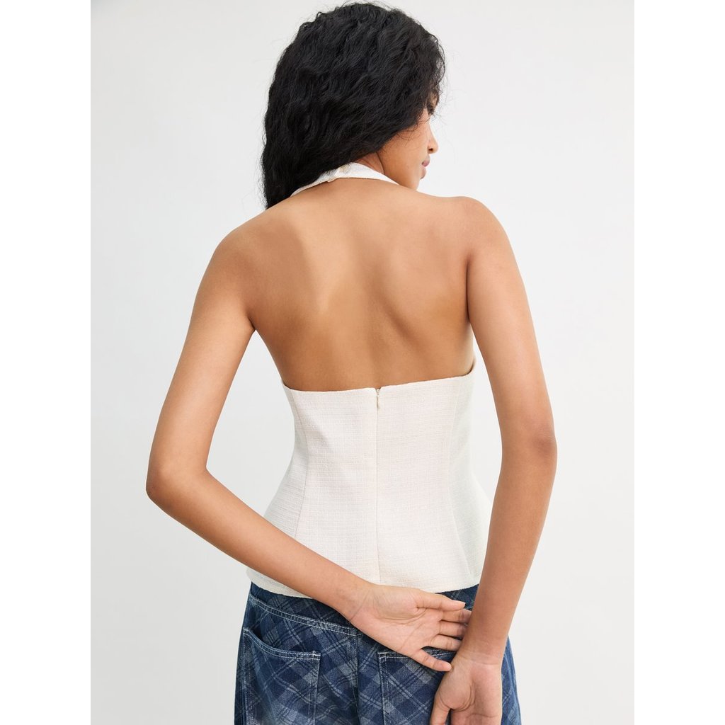 [Pomelo] เสื้อคล้องคอดีเทลกระดุมโบว์ / Halter Vest Top with Bow Button Detail — صورة 6