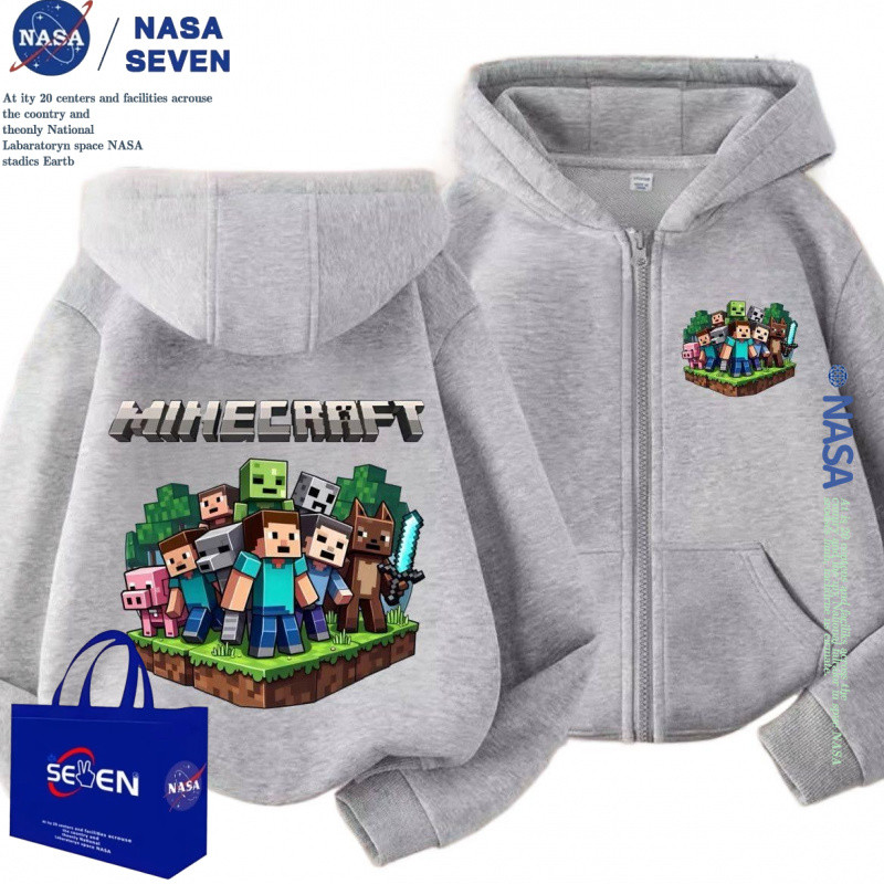 NASA Co-branded เสื้อกันหนาวสำหรับเด็ก ลาย Minecraft แบบ Hooded Zip Jacket และ Sweater สวมใส่ง่ายตลอดทั้งวัน ในฤดูใบไม้ผลิและฤดูใบไม้ร่วง