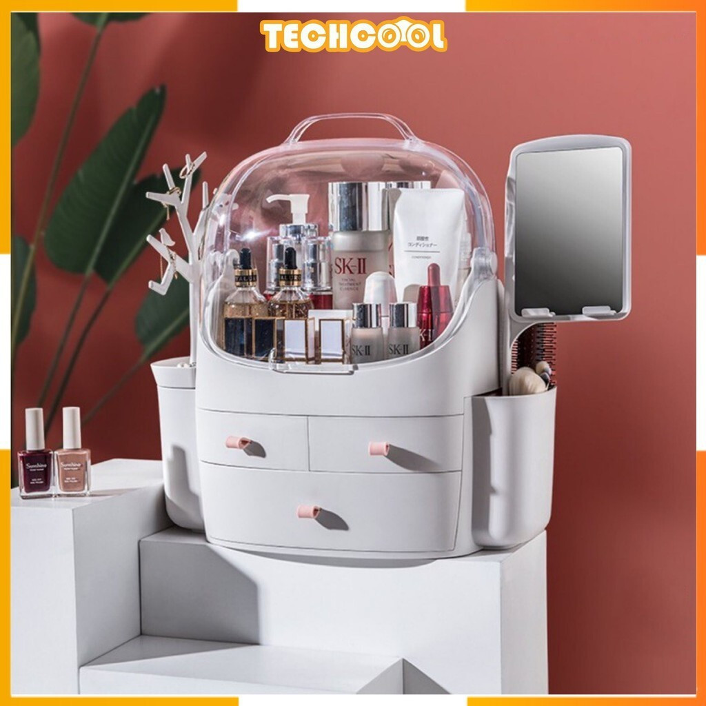 ที่เก็บเครื่องสําอางสําหรับเครื่องสําอางความจุขนาดใหญ่ที่มีฝาปิดผู้ถือเครื่องประดับกันน้ําและกันฝุ่น