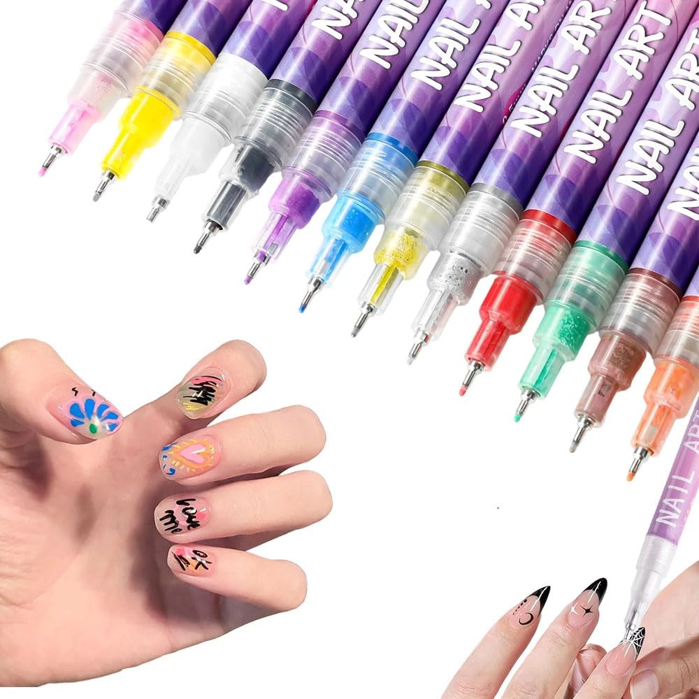 ชุดปากกาเพ้นท์เล็บ 12 สี Nail Art Pen ปลายละเอียด แห้งเร็ว สำหรับวาดเส้น ดอท และเพ้นท์เล็บ DIY