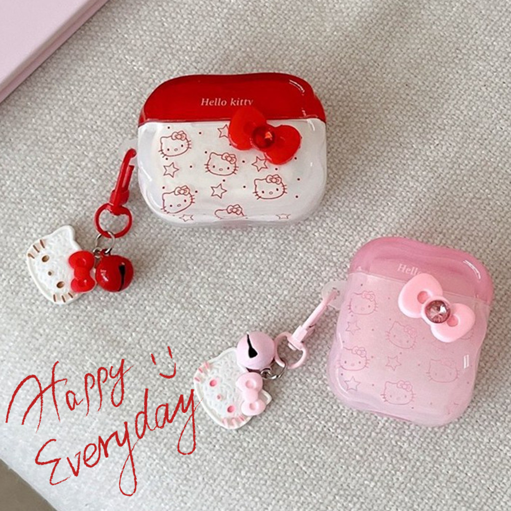 ปลอกสําหรับ Airpods 4 Pro 3 2 1 Girly แฟชั่น Star Hello Kitty รูปแบบน่ารัก Soft TPU กันกระแทกหูฟังกรณี Anti-lost Bell จี้หูฟังบลูทูธฝาครอบ Shell