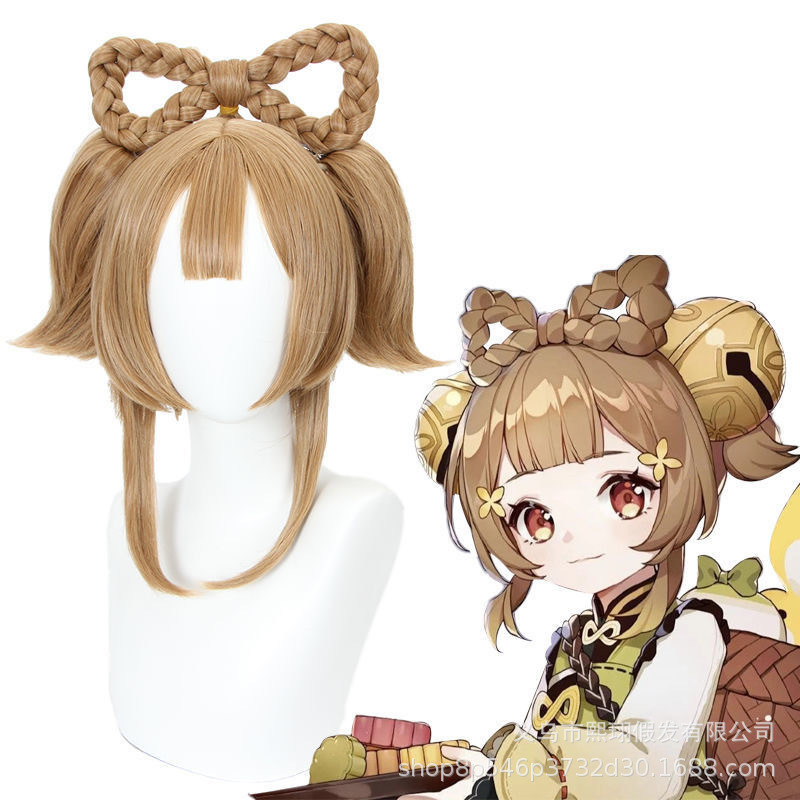 [Tongchuan] Yuanshen Yaoyao cosplay wig แบบวิกผมหางม้า มีโบว์และตุ๊กตาหูแมวน่ารัก