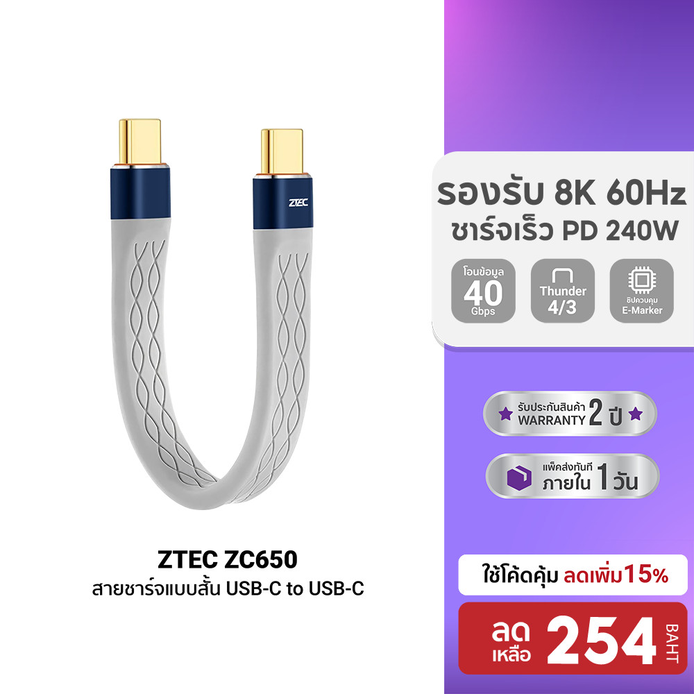[ลดเหลือ 254] ZTEC ZC650 สายชาร์จแบบสั้น USB-C to USB-C Thunder 4/3 , USB 4 เชื่อมต่อภาพสูงสุด 8K -2
