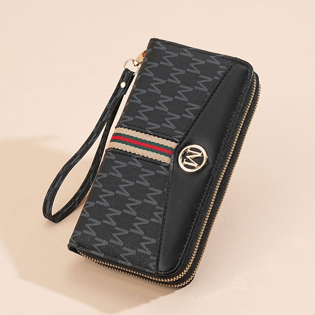 Amarachi Womens Long Wallet WA12B5 Black Elegant Leather Motif 2 Premium Zippers Complete Slots