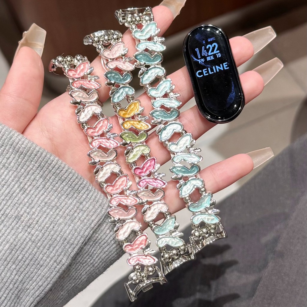 หรูหราผีเสื้อแปลกสายโลหะสําหรับ เสี่ยวหมี่ For Mi Band 10 9 8 สายรัดข้อมือแฟชั่นวินเทจสร้อยข้อมือยางยืด