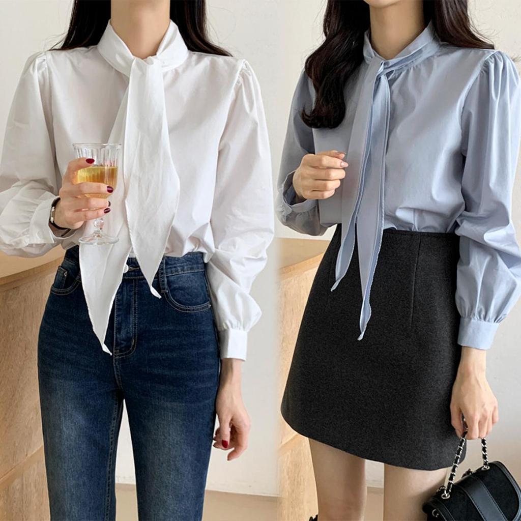 Chili Koko เสื้อเชิ้ตแขนพองสไตล์ฝรั่งเศสสำหรับผู้หญิงฤดูใบไม้ผลิและฤดูใบไม้ร่วง ดีไซน์เก๋ไก๋ 99228