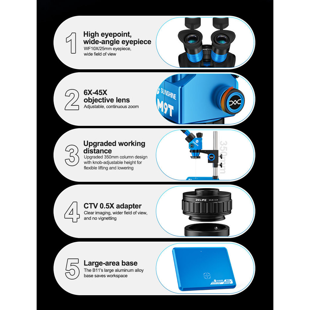 กล้องจุลทรรศน์สเตอริโอสามตา SUNSHINE M9T-B11 ซูม 6-45X รูปที่ 6