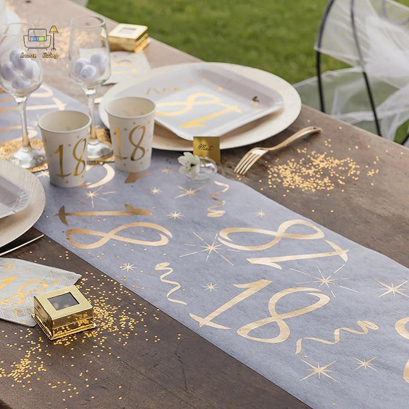 [Onw] 18th Shiny Gold Birthday Table Runner Table Cover Happy Birthday Party ตกแต่งสําหรับผู้ใหญ่บ้า