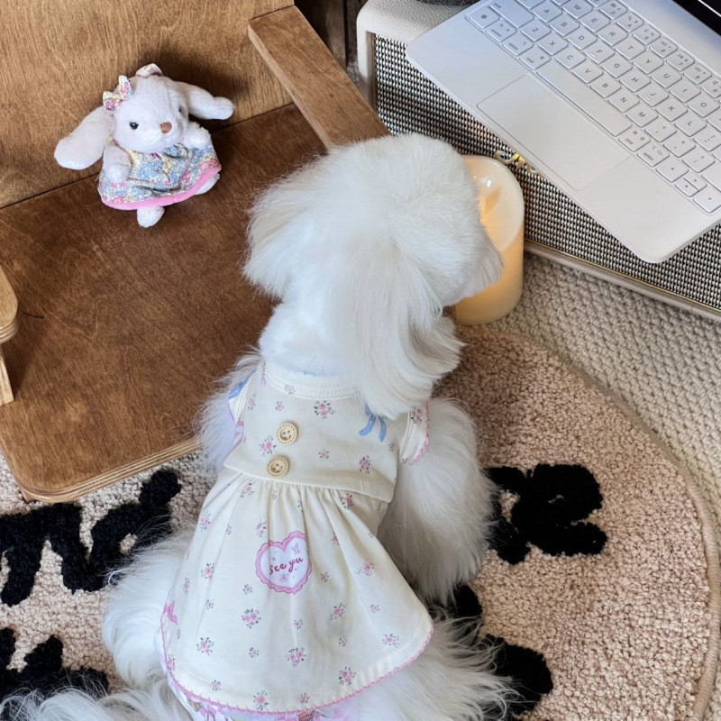 ชุดเดรสแขนกุดลายดอกไม้น่ารักสําหรับสุนัขขนาดเล็กแมวฤดูใบไม้ผลิฤดูร้อนเสื้อผ้าสัตว์เลี้ยงเท็ดดี้บิชอนชุดใส่ในบ้าน - รูปที่ 4