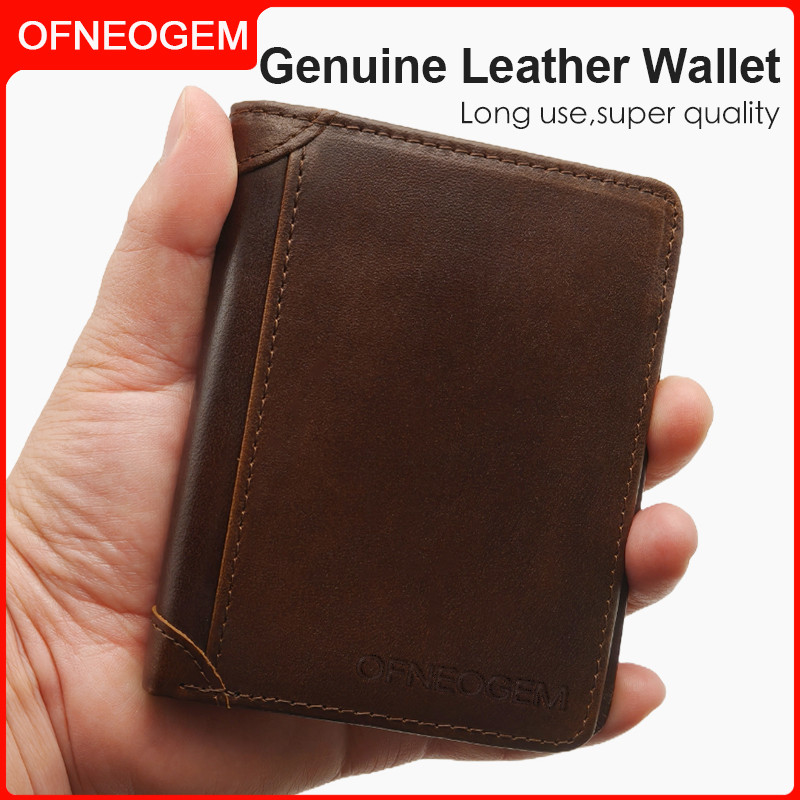 OFNEOGEM Men Bifold Wallet Smooth Cow Hide RFID Anti-Theft Minimalist Vertical Retro Wallet