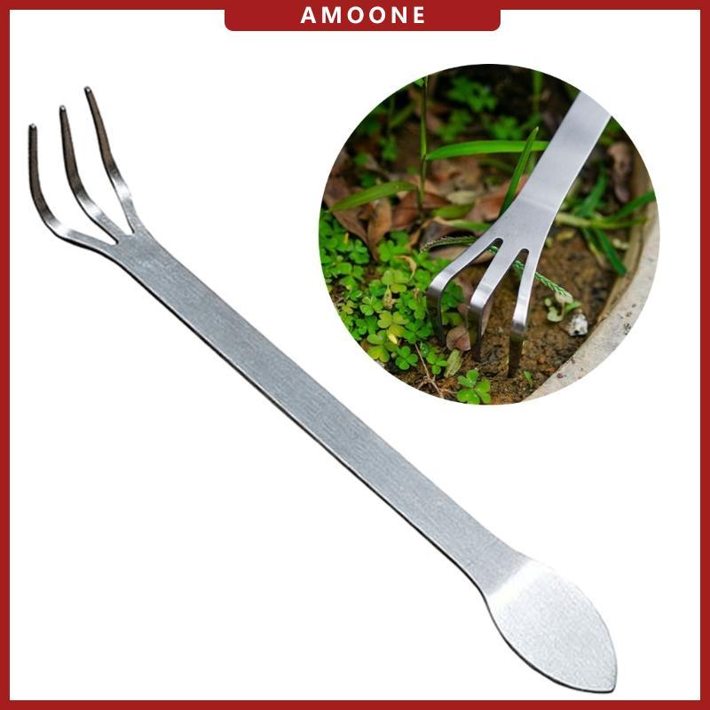AMOONE 1 2 ชิ้นมัลติฟังก์ชั่สแตนเลสบอนไซคราด 3 Prong Root Rakes สําหรับดินคลายและปลูก Garde