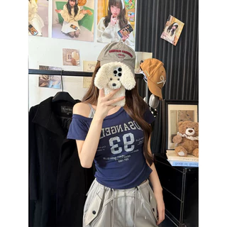 Nemo store🌸#FY722 เสื้อแขนสั้นเปิดไหล่ ดีเทลสกีนตัวหนังสืดเท่ๆ เสริมฟองน้ำ