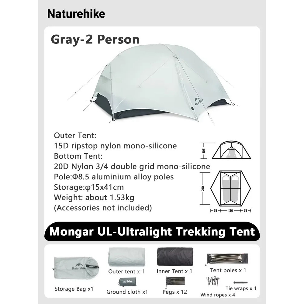 Naturehike Mongar 2 UL เต็นท์ ultralight กันน้ํา สำหรับ 1-2 คน เหมาะสำหรับการเดินทางกลางแจ้ง