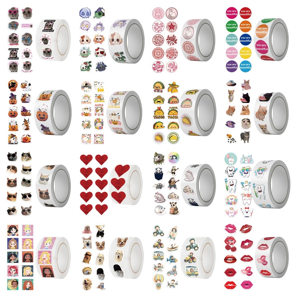 สติ๊กเกอร์ม้วนคอลเลกชัน (100 รูปแบบ, 500 ชิ้น/ม้วน) - ขายส่งในสต็อก, สติ๊กเกอร์ตกแต่งที่ขายดีข้ามพรมแดน