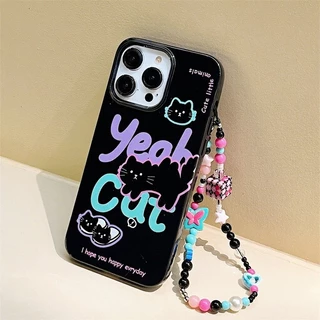 เคสโทรศัพท์มือถือนิ่ม ลายแมวดํา พร้อมสายคล้อง สําหรับ iPhone 15 14 13 12 11 Pro Max X Xr Xs Max 7 8 Plus SE2020
