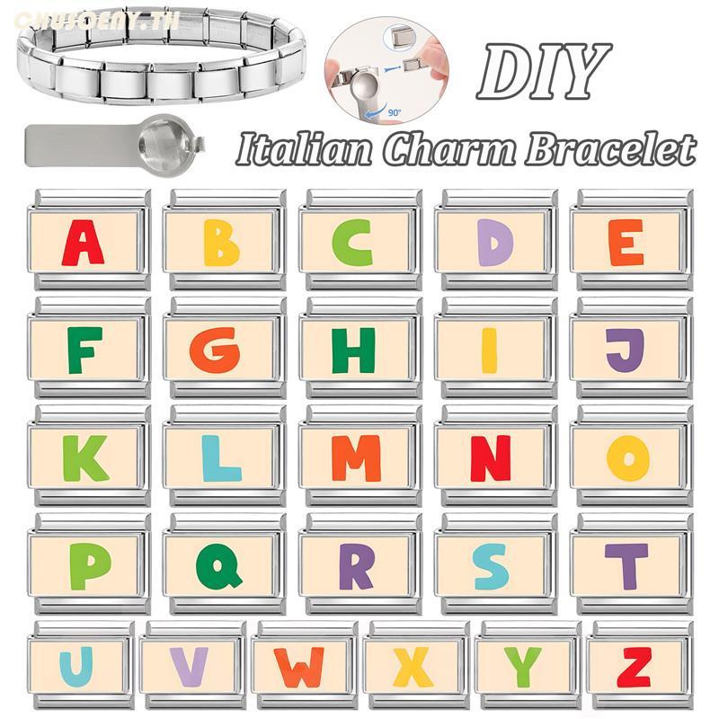สร้อยข้อมือสแตนเลส DIY สีเหลือง ตัวอักษรอิตาเลียน charm เหมาะสำหรับการตกแต่งบุคลิกภาพ
