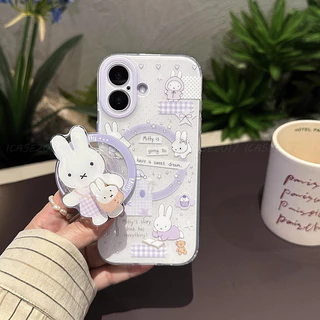 กระเป๋าเป้สะพายหลังสีม่วง Miffy กระต่ายวงเล็บแม่เหล็ก Samsung S26 S25 S24 S23 Ultra S22+S21 FE A57 A56 A15 A55 เคสโทรศัพท์กันกระแทก